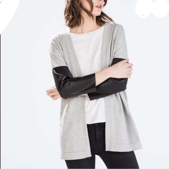 Zara Sweaters - ZARA Knit Cardigan 3/4 Faux Leather Sleeves